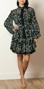 Jessie Liu Black and White Embroidered Silk Short Dress