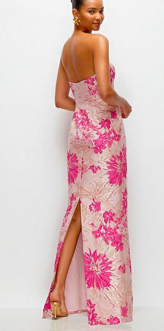 hot pink jacquard dress Dessy D877HPJ Hot Pink Jacquard Column Dress