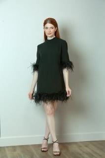 Jessie Liu Black 3/4 Sleeve Short Dress with Feather Trim – Gigi's Closette  Ltd