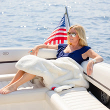 Load image into Gallery viewer, Pretty Rugged White Faux Fur and Navy Lap Blanket