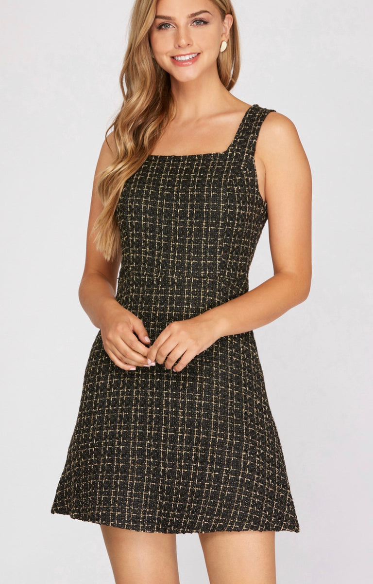 Black and Gold Tweed Fit and Flare Short Dress with Square Neckline Gigi's Closette Ltd. Black and Gold Tweed Fit and Flare Short Dress with Square Neckline Gigi's Closette Ltd.