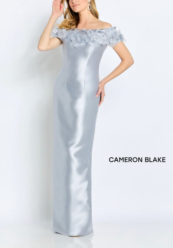 Cameron Blake Navy Long Mikado Gown with Floral Detail – Gigi's Closette  Ltd