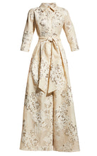 Load image into Gallery viewer, Teri Jon 207015 Champagne Metallic Jacquard Shirtdress Gown with Floral Print