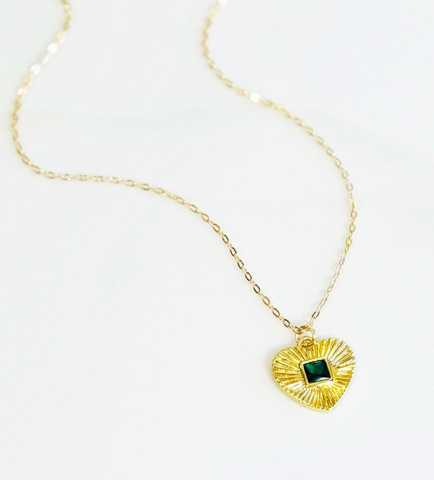 Fluted Gold Heart with Emerald CZ