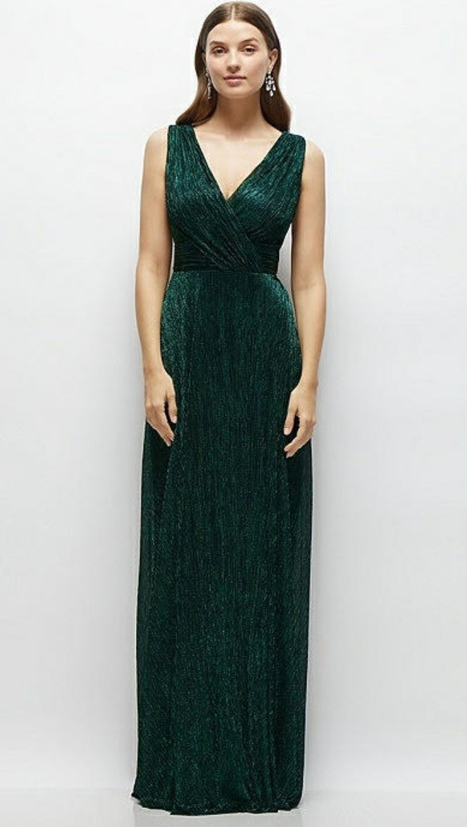 Dessy 6895 Draped V-Neck Pleated Metallic Maxi Dress In Metallic Evergreen