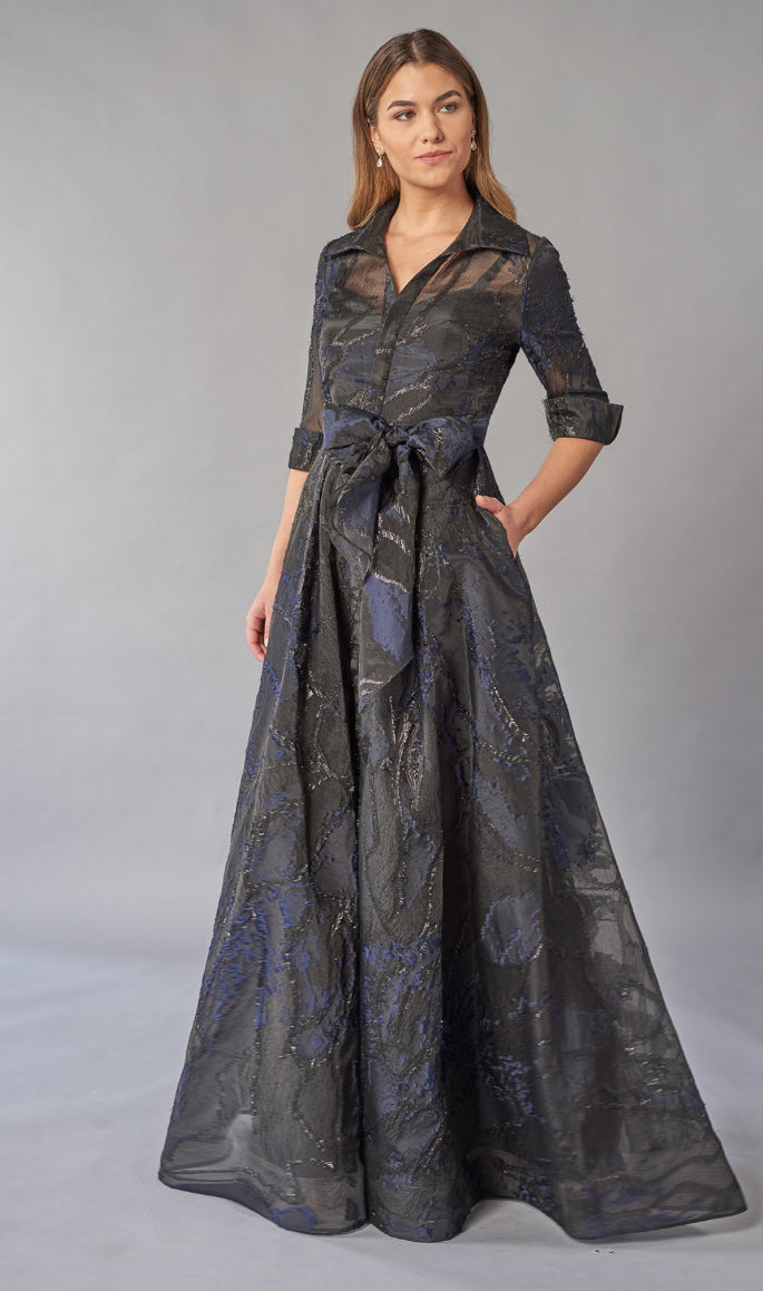 jacquard shirt dress Teri Jon Metallic Jacquard Shirt Dress with Floral Print Size 8