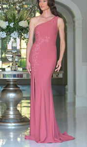 Gorgeous One Shoulder Gown with Beaded Appliqués