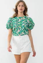 Load image into Gallery viewer, THML THS1508 Green and Pink Print Top with Puff Sleeve
