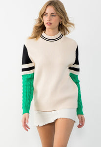 THML WK0116 Colorblock Knit Sweater with Green Cable Sleeves