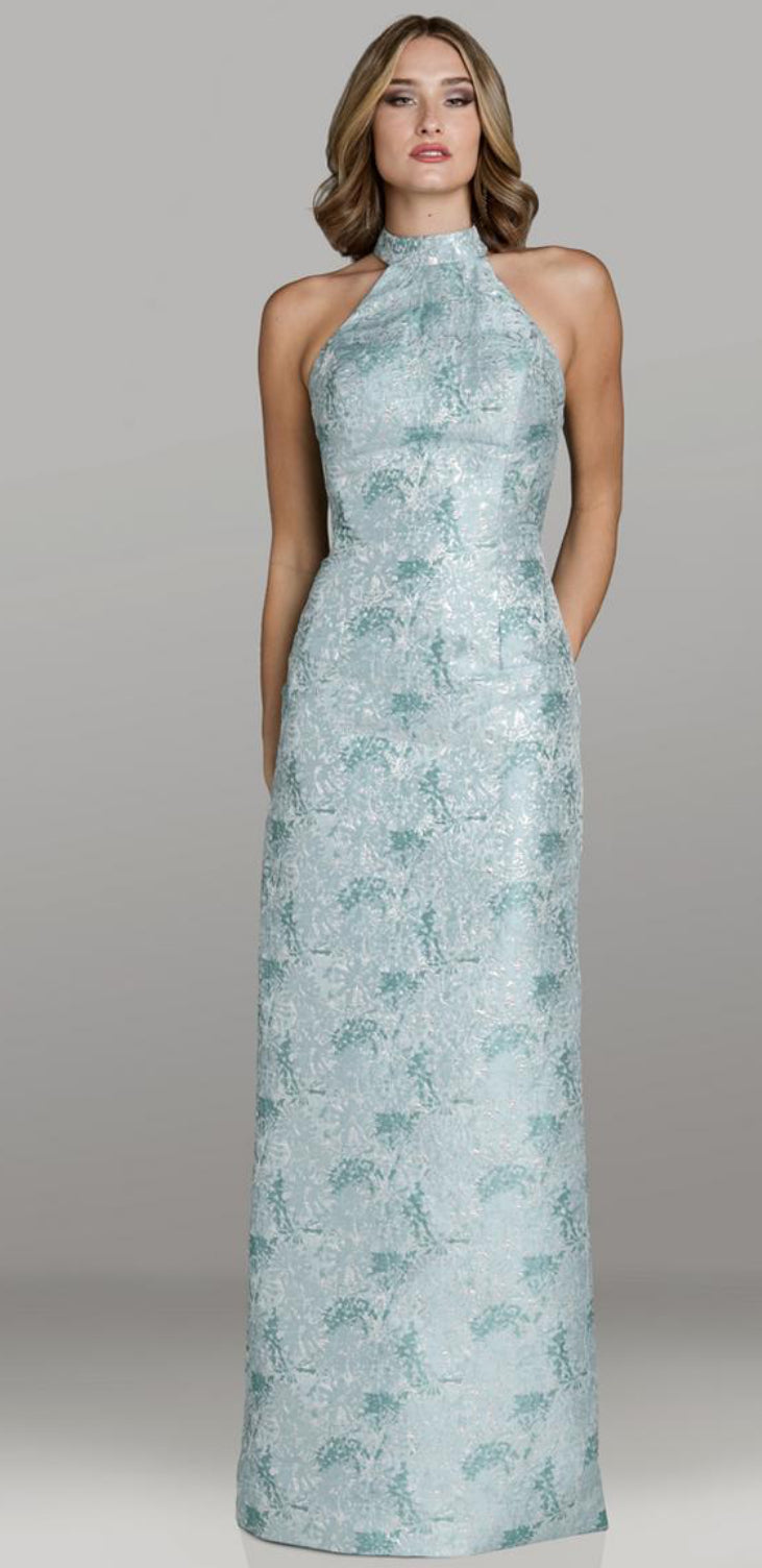 Aqua Jacquard Halter Dress with Back Slit