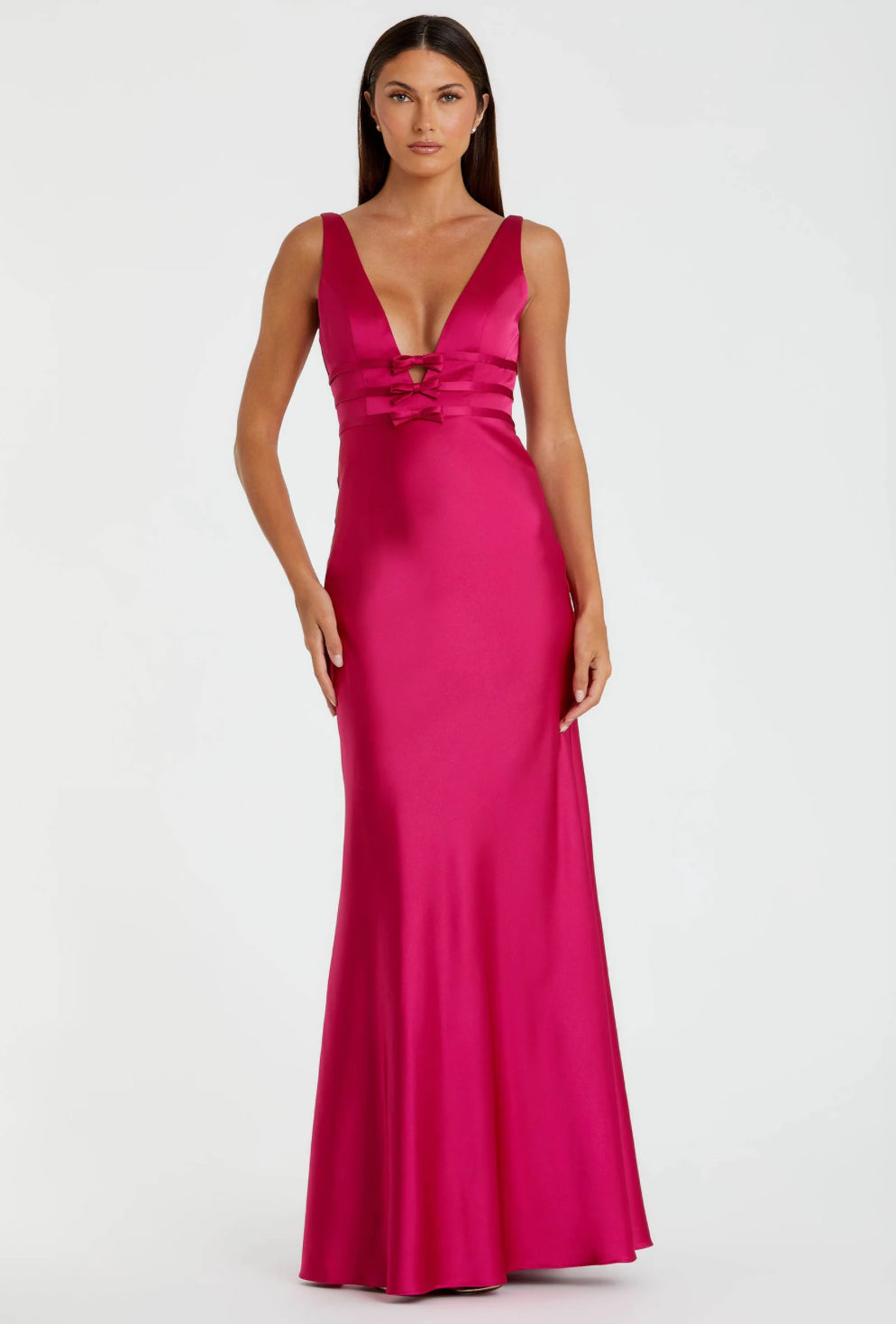 Macduggal 68855 Sleeveless V-Neck Satin Gown with Bow Details