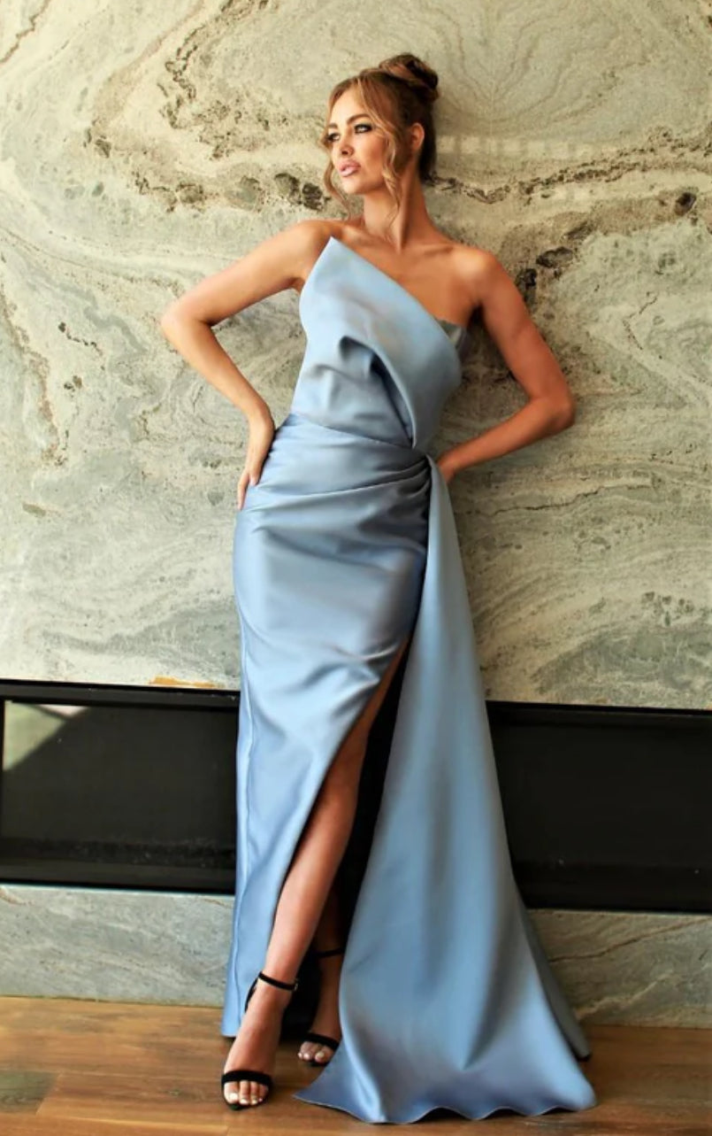 Nicole Bakti 7205 Strapless Gown with Ruching and Side Slit