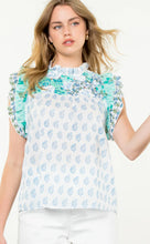 Load image into Gallery viewer, THML TDM1033 Flutter Sleeve Top with Aqua and Blue Prints

