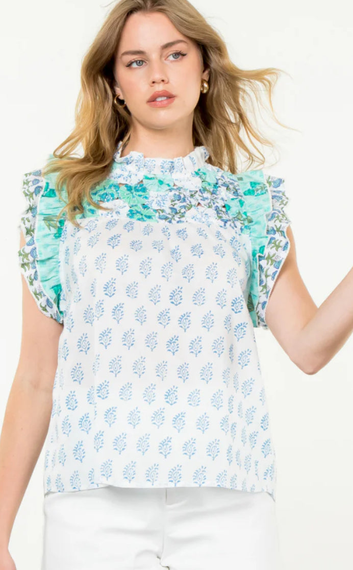 THML TDM1033 Flutter Sleeve Top with Aqua and Blue Prints