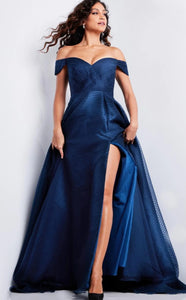 Jovani JVN23557 Navy Off the Shoulder A-Line Gown with Slit