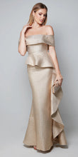 Load image into Gallery viewer, Gold Off the Shoulder Jacquard Long Gown with Ruffle
