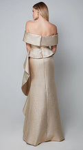 Load image into Gallery viewer, Gold Off the Shoulder Jacquard Long Gown with Ruffle
