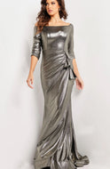 Jovani 23136 Metallic Jersey Off the Shoulder Long Gown with Three Quarter Sleeve
