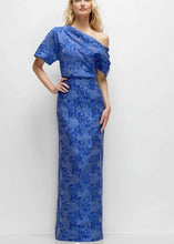 Load image into Gallery viewer, Dessy 6909 Asymmetrical Off the Shoulder Cobalt floral Metallic Jacquard Maxi Dress
