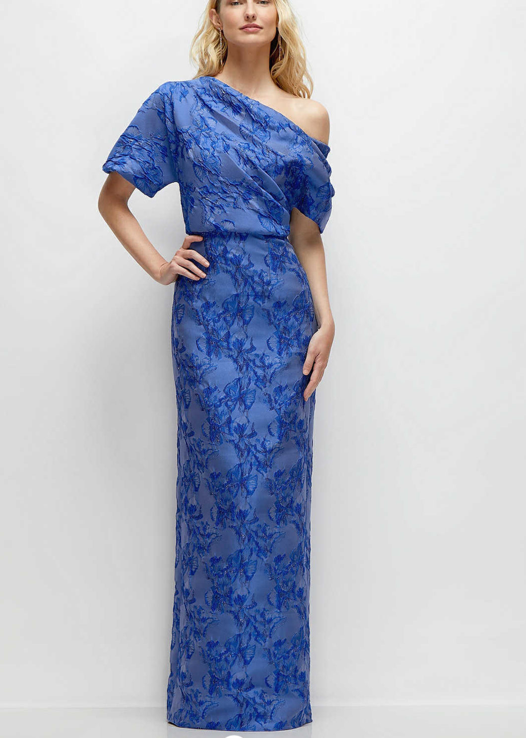 Dessy 6909 Asymmetrical Off the Shoulder Cobalt floral Metallic Jacquard Maxi Dress