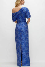 Load image into Gallery viewer, Dessy 6909 Asymmetrical Off the Shoulder Cobalt floral Metallic Jacquard Maxi Dress
