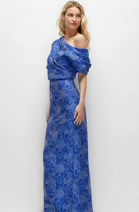 Dessy 6909 Asymmetrical Off the Shoulder Cobalt floral Metallic Jacquard Maxi Dress