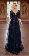 Load image into Gallery viewer, Navy Blue Embellished Illusion A-line Dress with 3/4 Sleeves

