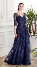 Load image into Gallery viewer, Navy Blue Embellished Illusion A-line Dress with 3/4 Sleeves
