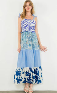 THML THS1765 Tie Strap Mixed Media Maxi Dress in Blues