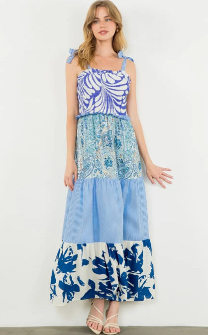 THML THS1765 Tie Strap Mixed Media Maxi Dress in Blues