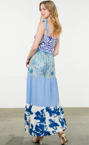 THML THS1765 Tie Strap Mixed Media Maxi Dress in Blues