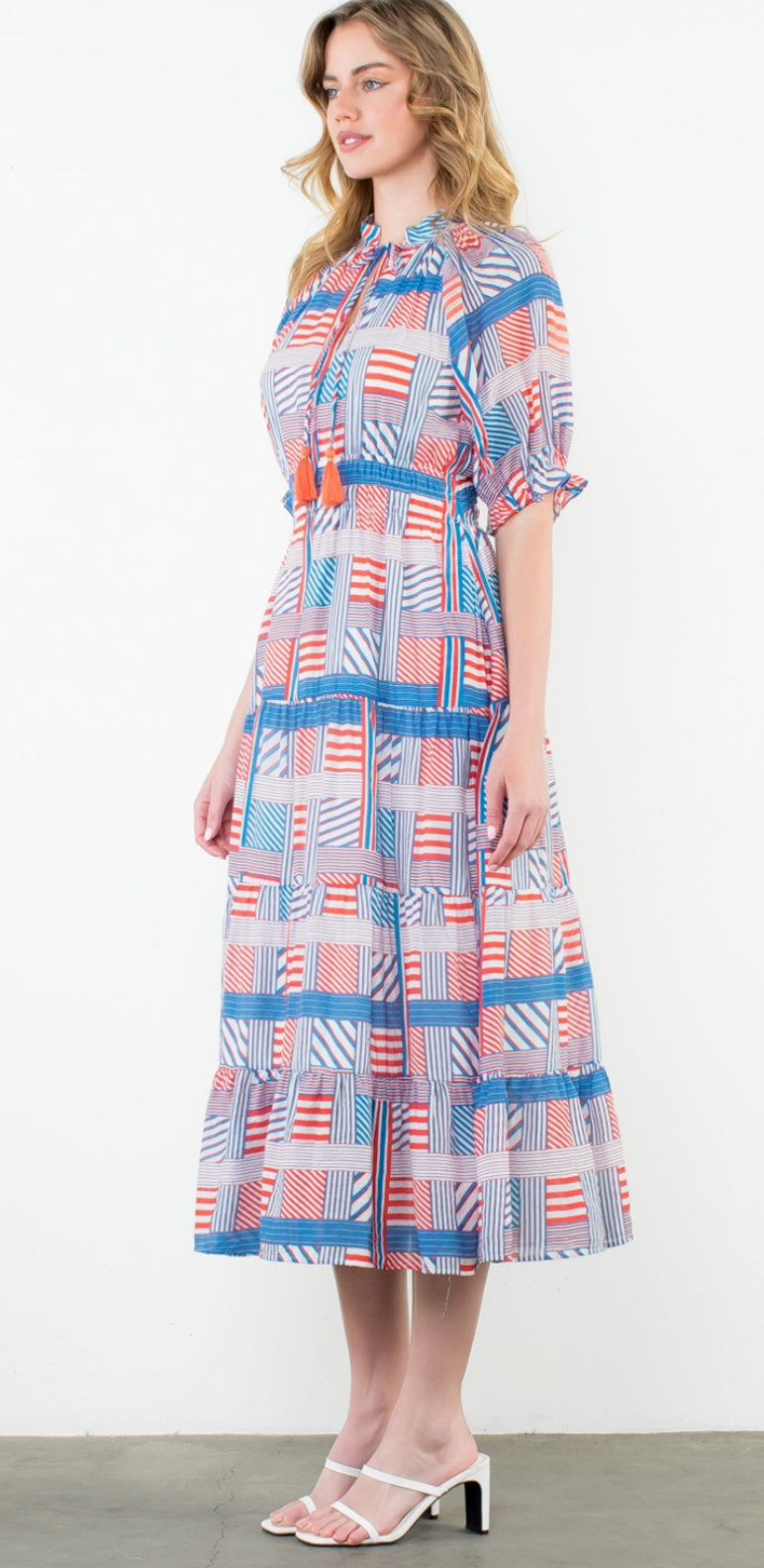 THML WCT2922 Blue and Red Striped Pattern Maxi Dress