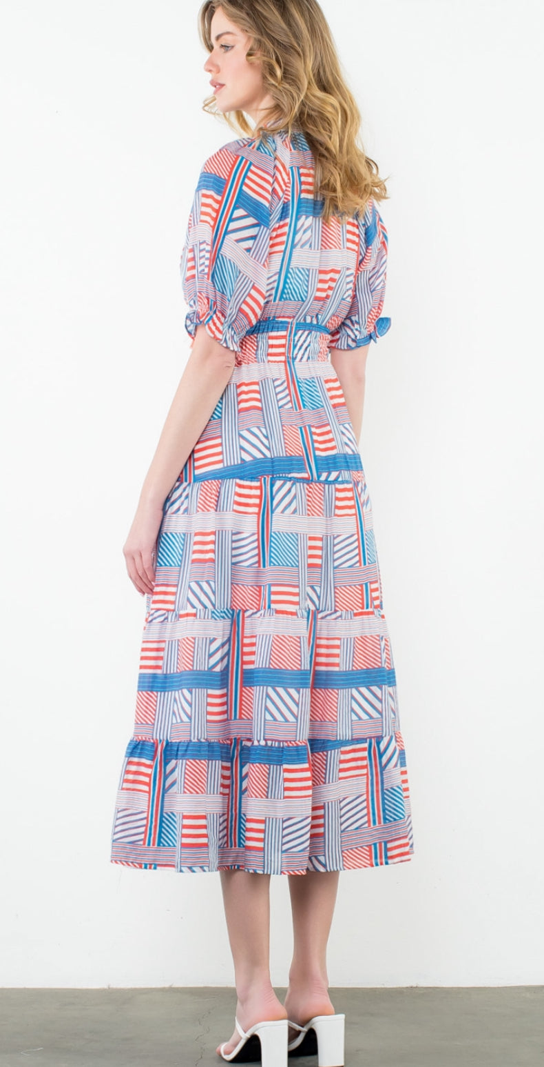 red and blue striped dress Entro - - Midi Button-down Short flutter sleeves Red & Blue Striped Smocked