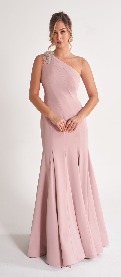 Jasmine K278056 One Shoulder Crepe Gown with Beaded Detail