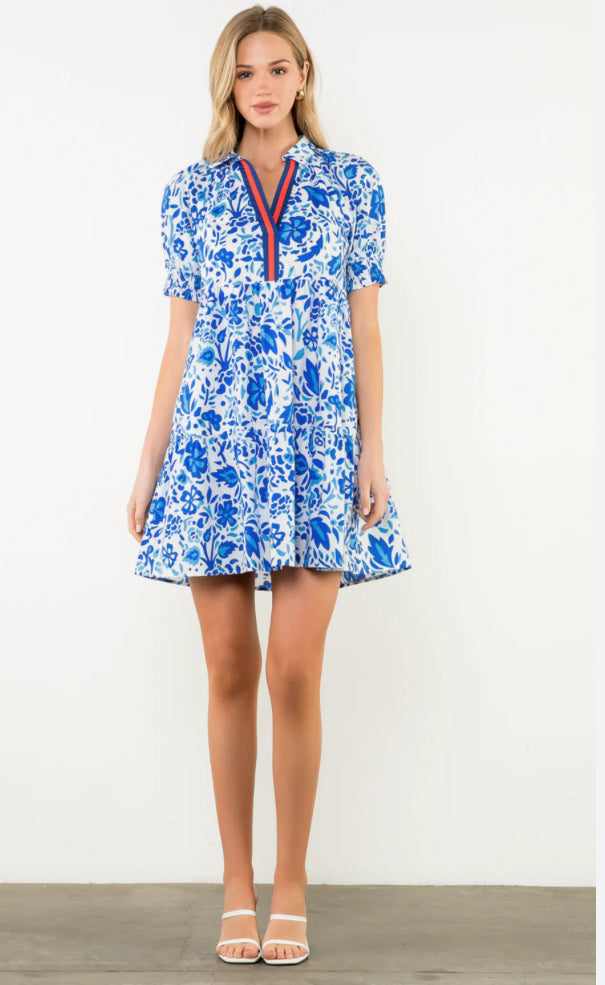 THML WCT3129 Blue and White Floral Dress with Sleeve and Navy and Red Ribbon Detail