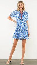 Load image into Gallery viewer, THML WCT3129 Blue and White Floral Dress with Sleeve and Navy and Red Ribbon Detail
