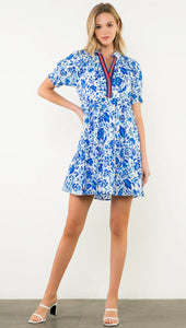 THML WCT3129 Blue and White Floral Dress with Sleeve and Navy and Red Ribbon Detail