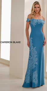 Cameron Blake CB908 Off the Shoulder Crepe Gown with Embroidered Flowers