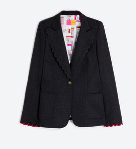 Vilagallo Grey Blazer with Scallop Trim and Detailed Buttons