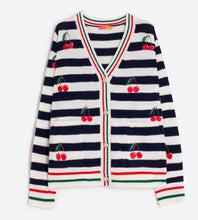 Load image into Gallery viewer, Vilagallo Navy and White Striped Varsity Sweater with Cherry Detail
