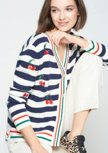 Load image into Gallery viewer, Vilagallo Navy and White Striped Varsity Sweater with Cherry Detail
