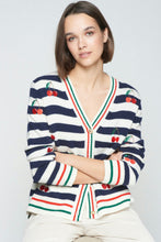 Load image into Gallery viewer, Vilagallo Navy and White Striped Varsity Sweater with Cherry Detail
