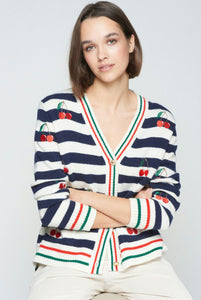Vilagallo Navy and White Striped Varsity Sweater with Cherry Detail