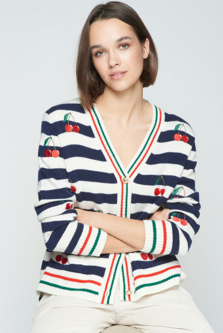 Vilagallo Navy and White Striped Varsity Sweater with Cherry Detail