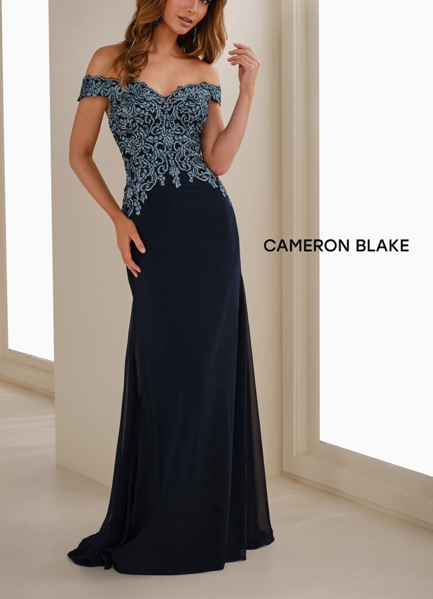 Cameron Blake CB907 Chiffon Sheath with Lace Detail