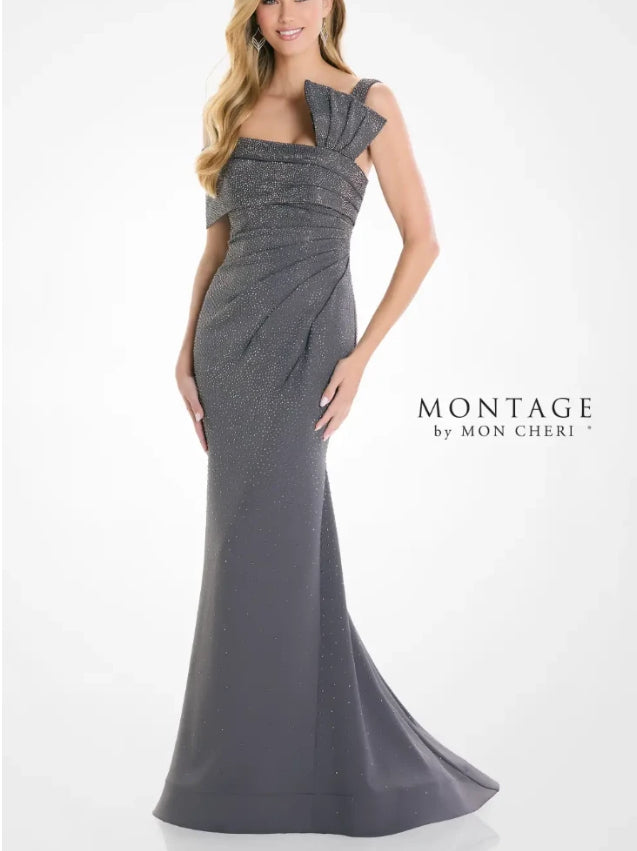 Montage M2214 Charcoal Off The Shoulder Crepe Long Gown