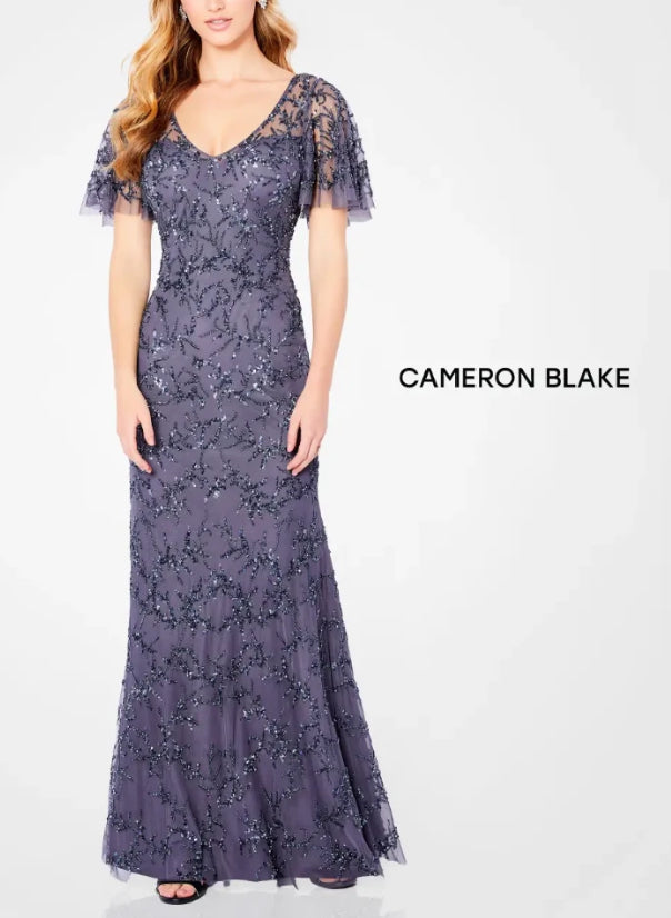 Cameron Blake 221681 Gunmetal Beaded Long Gown