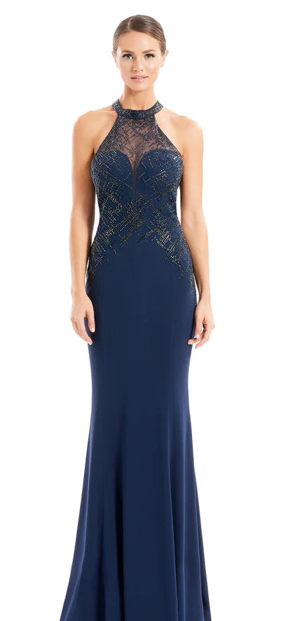 Alexander by Daymor 1672 Midnight Halter Dress with Beaded Bodice