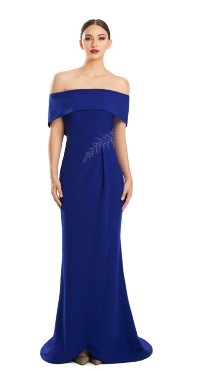 Alexander by Daymor Indigo Off the Shoulder Gown with Beaded Detail on Waistline