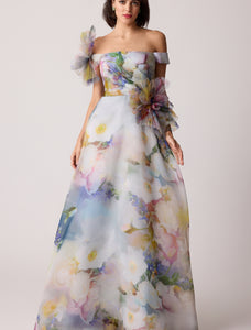 Teri Jon 259092 Print Off the Shoulder Dress with Flower Detail